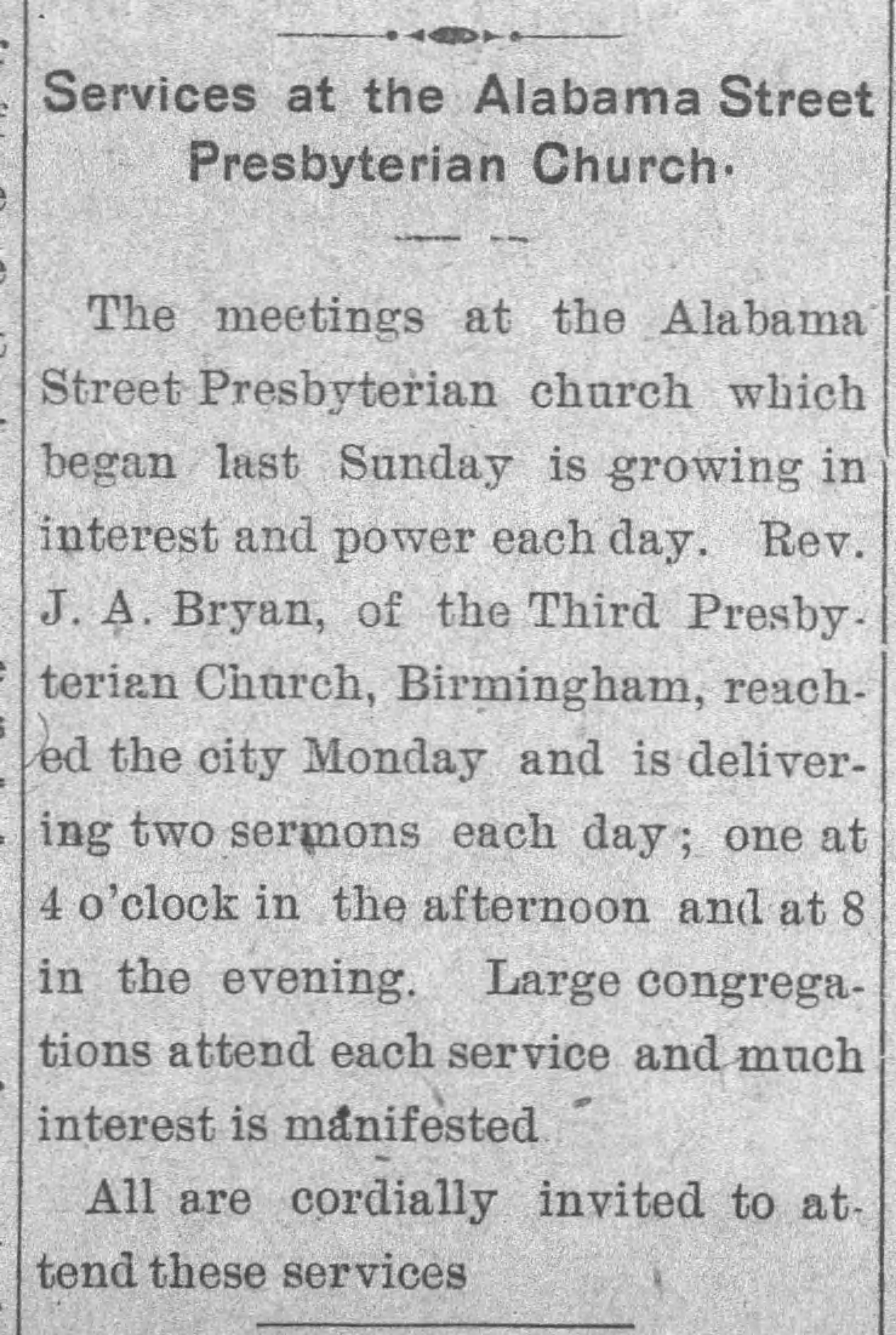 Services at the Alabama Street Presbyterian Church